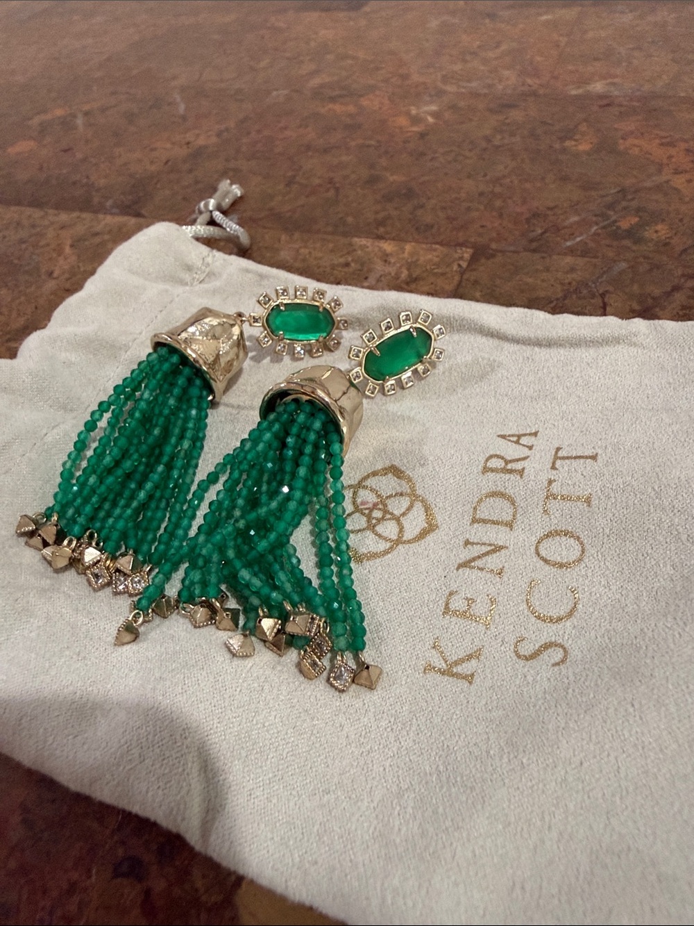 Kendra Scott Emerald Green Beaded Tassel Earrings with Gold Accents